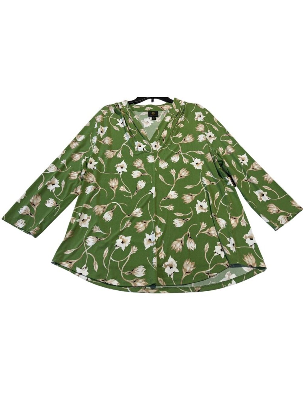 JM Collection  XXL Green Floral ITY Top 3/4 Sleeve V-Neck Lightweight Polyester